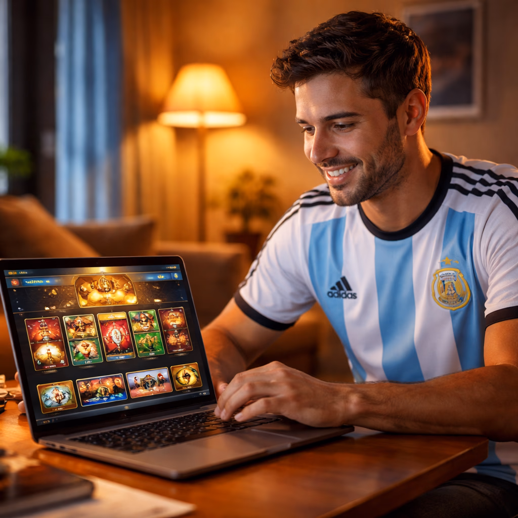 Un jugador sonriente en Argentina disfrutando Paripesa en una laptop con gráficos coloridos de casino en pantalla.