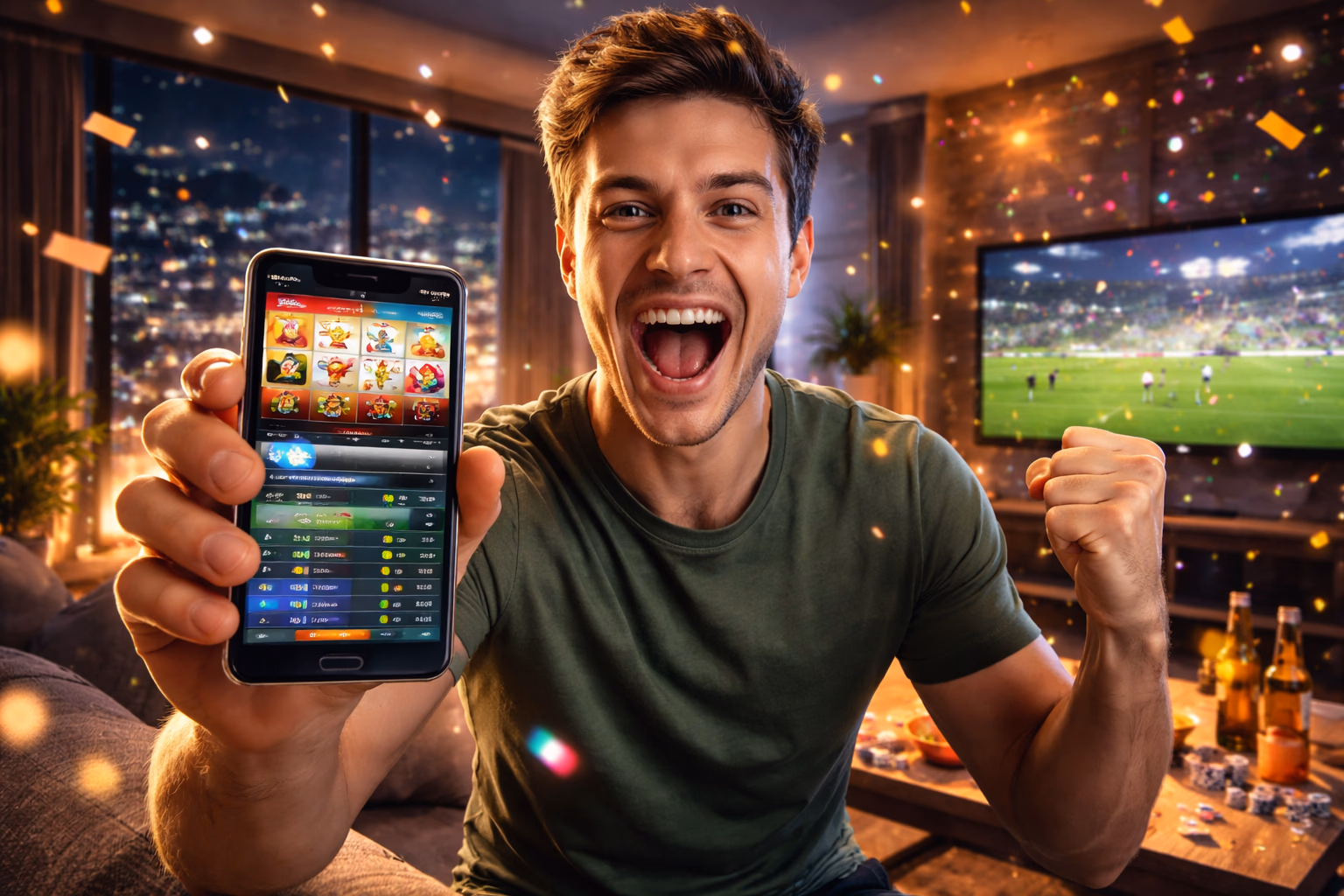 Un jugador celebrando mientras usa Paripesa en un dispositivo moderno con visuales brillantes de juegos y datos de casa de apuestas.