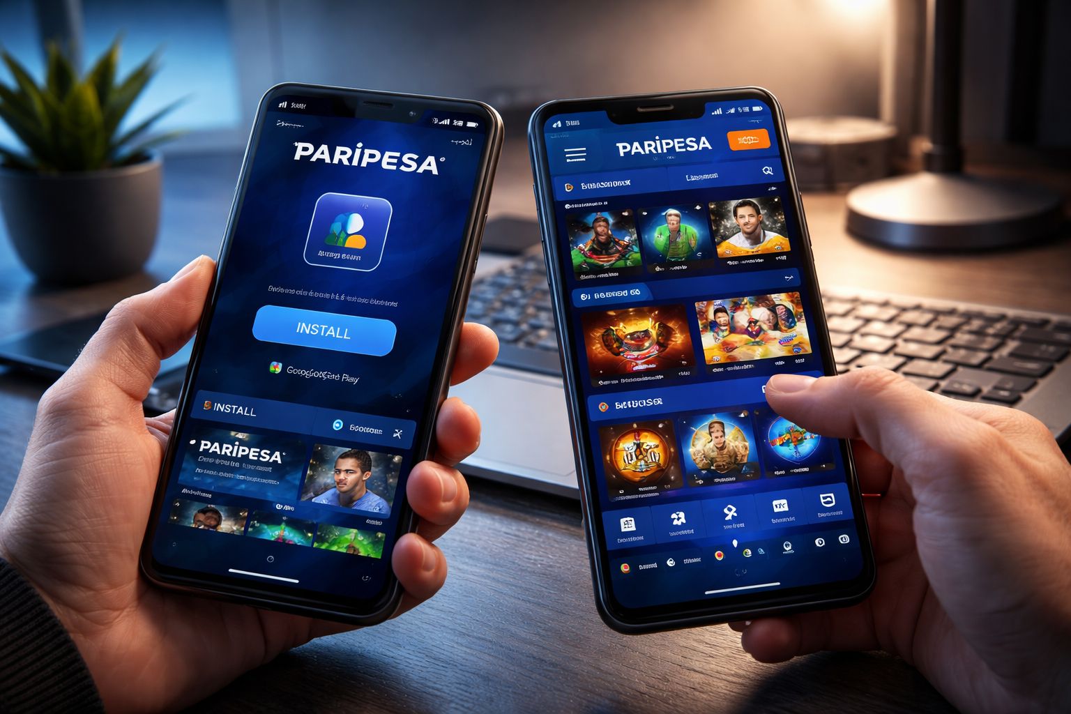 Un jugador instalando el APK Paripesa en un teléfono Android mientras navega por funciones móviles de apuestas y casino