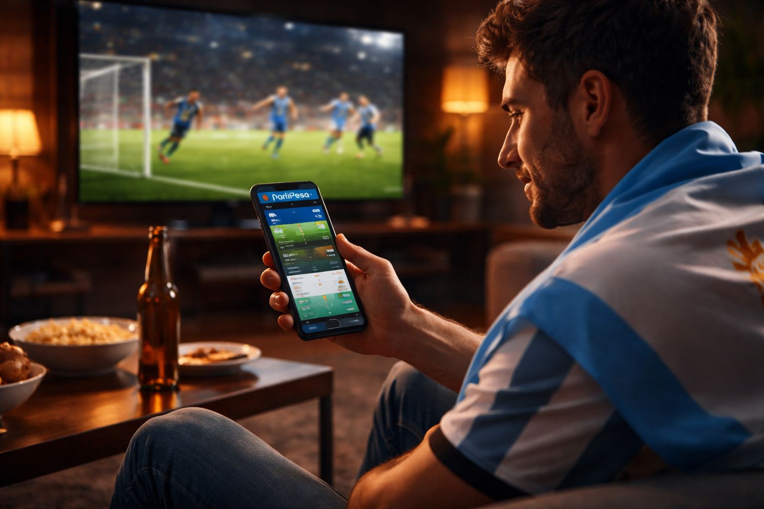Un apostador concentrado viendo un evento deportivo en vivo mientras usa la interfaz de Paripesa en un smartphone para realizar una apuesta en juego.