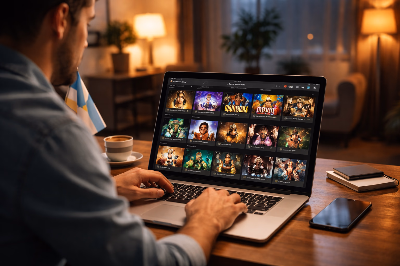 Un jugador argentino usando una laptop para navegar el lobby de Paripesa Casino lleno de tragamonedas, juegos de mesa y categorías en vivo.