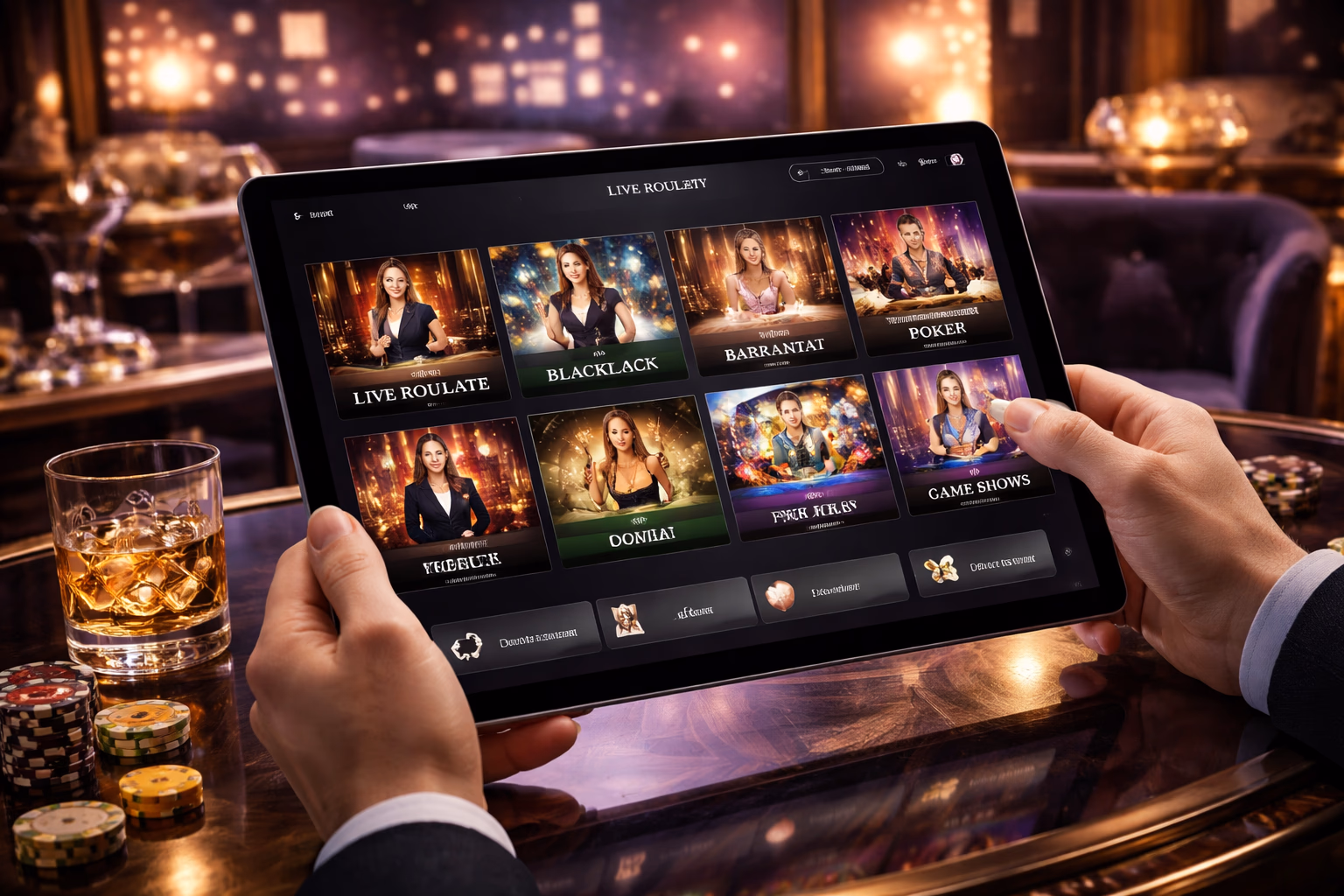 Jugador moderno de casino usando Paripesa en una tableta en un ambiente elegante con iluminación vívida